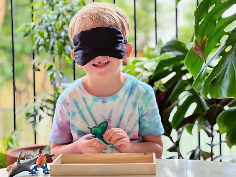 Comment nous Montessori home activité avec les yeux bandés